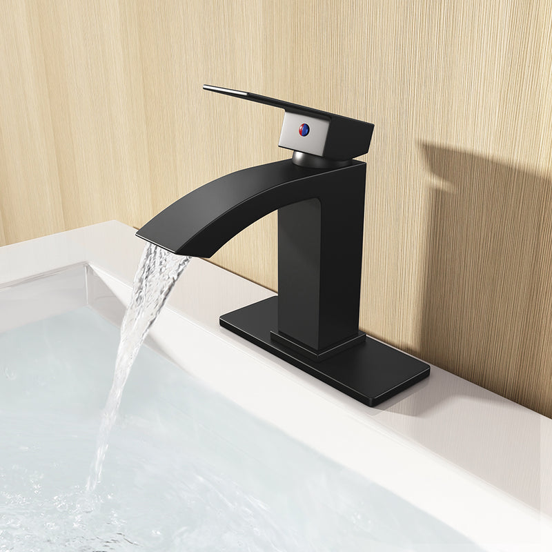 EZANDA Brass Waterfall Bathroom Faucet Large Rectangular Spout Pop-up Drain Assembly & Water Supply Hoses Matte Black（14254）