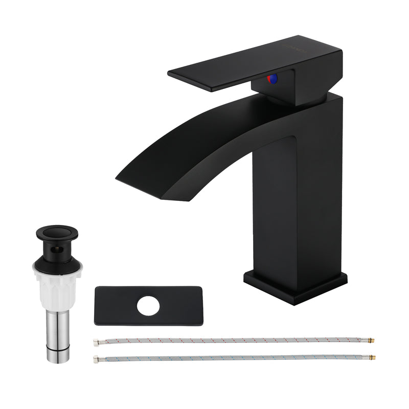 EZANDA Brass Waterfall Bathroom Faucet Large Rectangular Spout Pop-up Drain Assembly & Water Supply Hoses Matte Black 14254