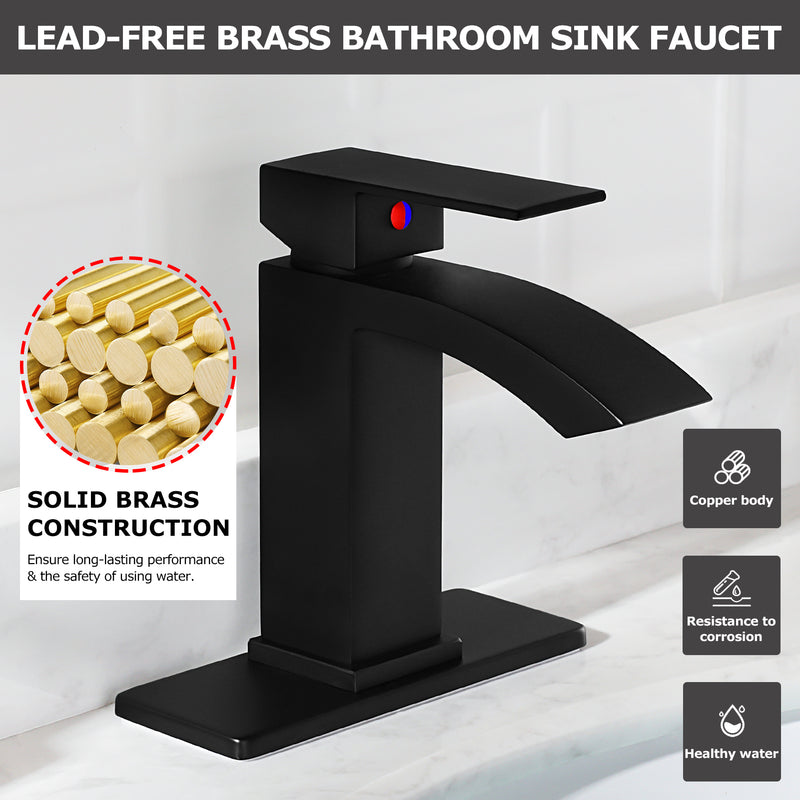 EZANDA Brass Waterfall Bathroom Faucet Large Rectangular Spout Pop-up Drain Assembly & Water Supply Hoses Matte Black 14254