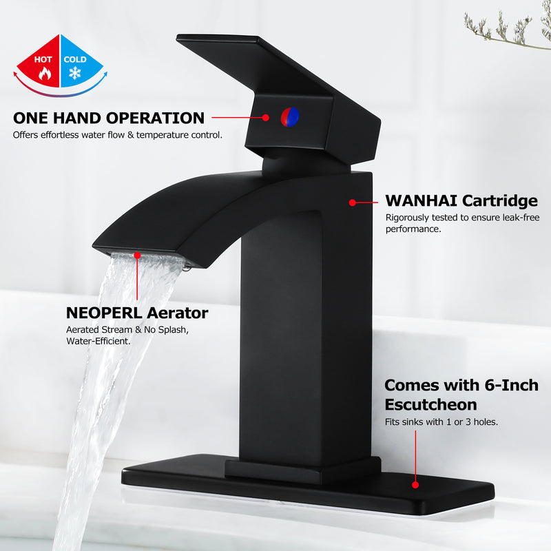 EZANDA Brass Waterfall Bathroom Faucet Large Rectangular Spout Pop-up Drain Assembly & Water Supply Hoses Matte Black 14254