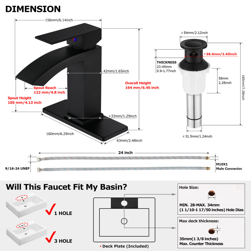 EZANDA Brass Waterfall Bathroom Faucet Large Rectangular Spout Pop-up Drain Assembly & Water Supply Hoses Matte Black 14254