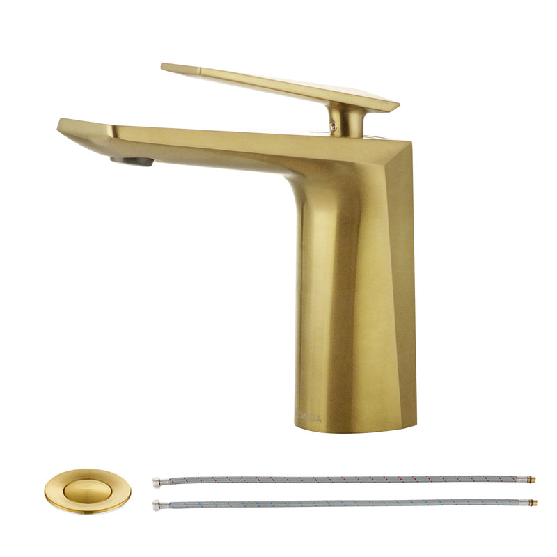 EZANDA Brass Single Handle Bathroom Faucet with Pop-up Sink Drain Assembly & Faucet Supply Lines, Brushed Gold(1427908)