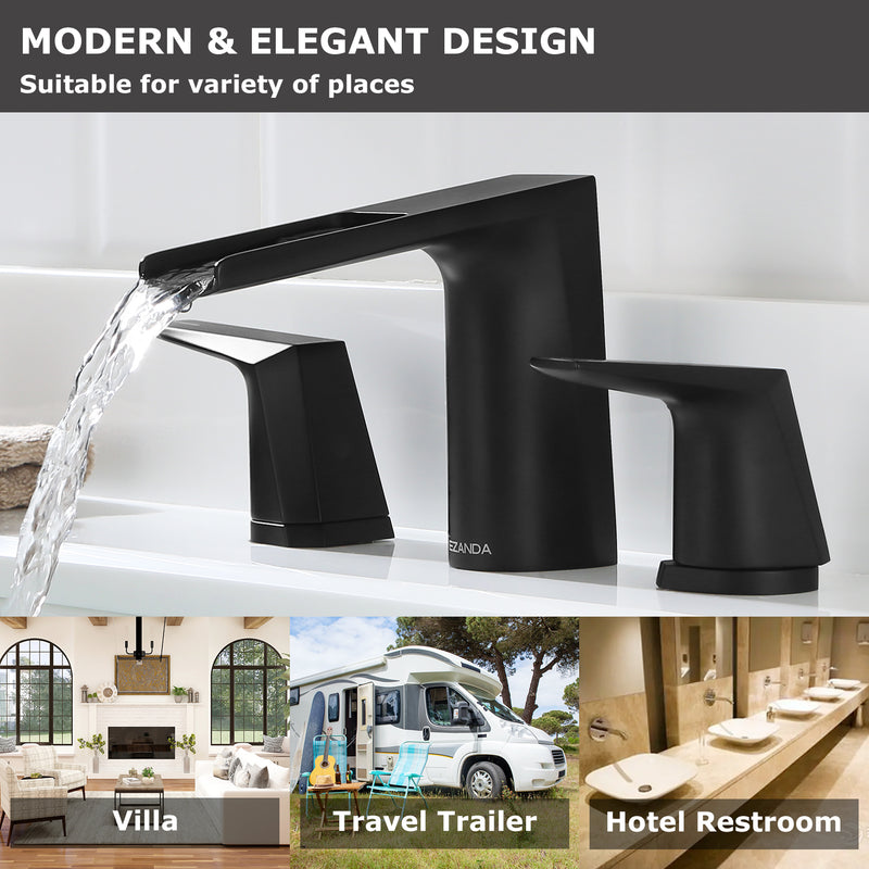 EZANDA 2-Handle Widespread Waterfall Bathroom Lavatory Faucet with Pop-up Sink Drain Assembly & Faucet Supply Lines, Matte Black (1431204)