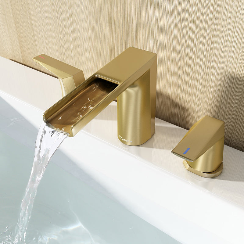 EZANDA 2-Handle Widespread Waterfall Bathroom Lavatory Faucet with Pop-up Sink Drain Assembly & Faucet Supply Lines, Brushed Gold（1431208）