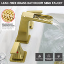 EZANDA Two-Handle Widespread Waterfall Faucet, 3 Hole Bathroom Sink Faucet with Metal Pop-up Sink Drain & Faucet Supply Lines, Brushed Gold 1432708
