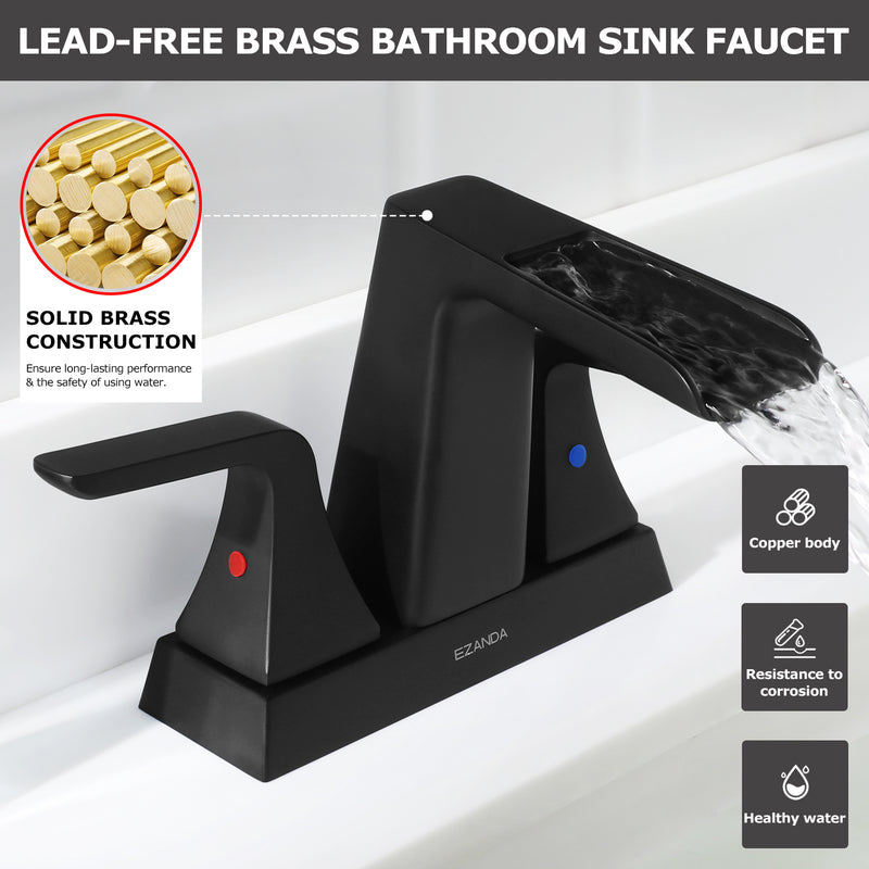 EZANDA 2-Handle Waterfall Faucet, 4 Inch Centerset Bathroom Sink Faucet with Metal Pop-up Sink Drain & Faucet Supply Lines, Matte Black (1433004)