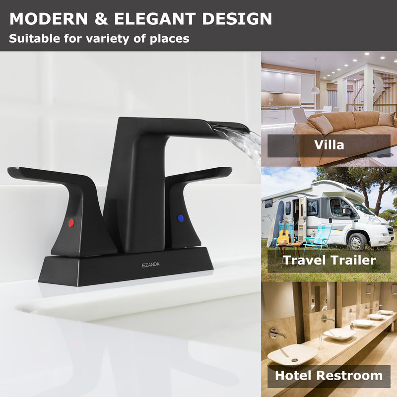 EZANDA 2-Handle Waterfall Faucet, 4 Inch Centerset Bathroom Sink Faucet with Metal Pop-up Sink Drain & Faucet Supply Lines, Matte Black (1433004)