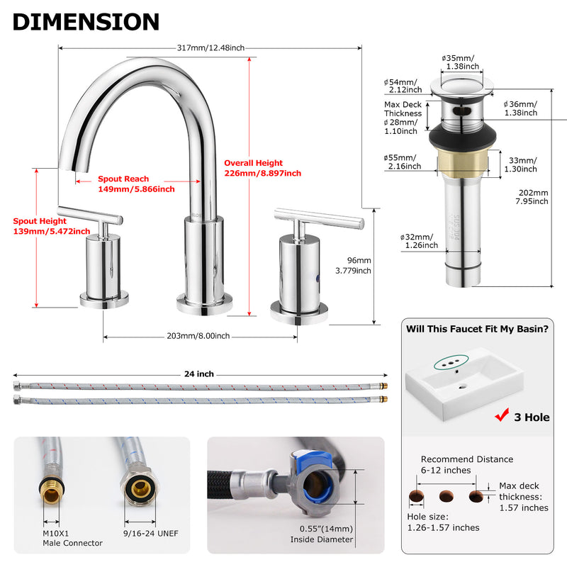 Parlos Two Handles 8 inch Widespread Three Hole Bathroom Sink Faucet Supply Hoses Basin Faucet Mixer Tap Chrome 1433101