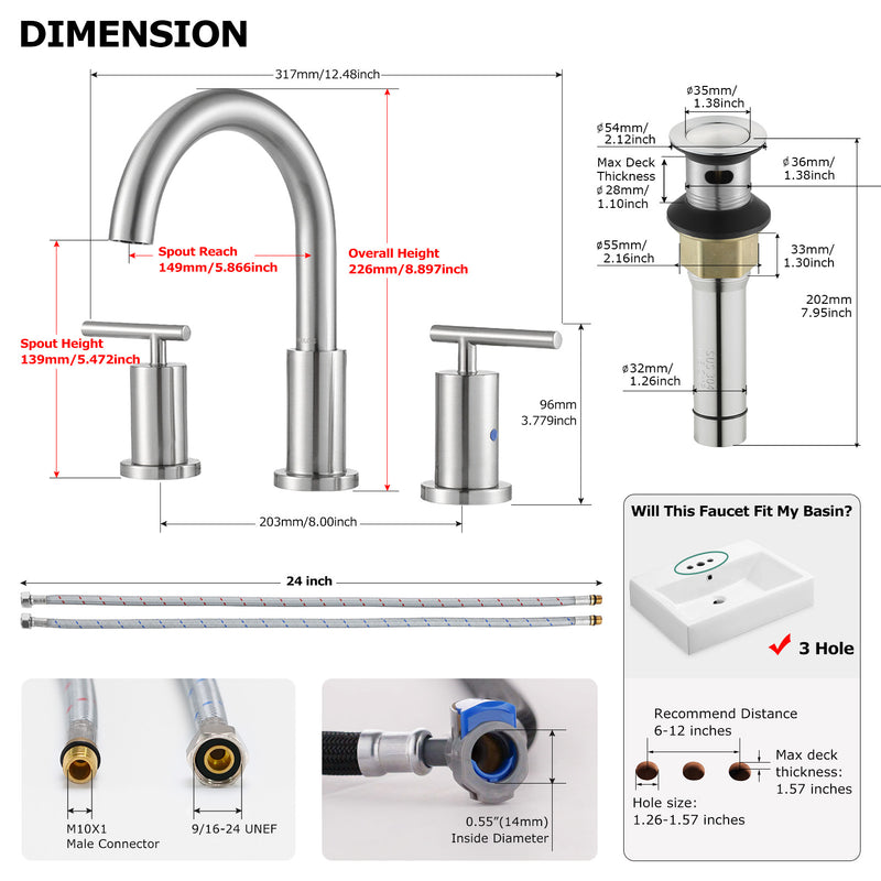 Parlos Two Handle 8 inch Widespread Three Hole Bathroom Sink Faucet Supply Hoses Basin Faucet Mixer Tap Brushed Nickel（1433102）