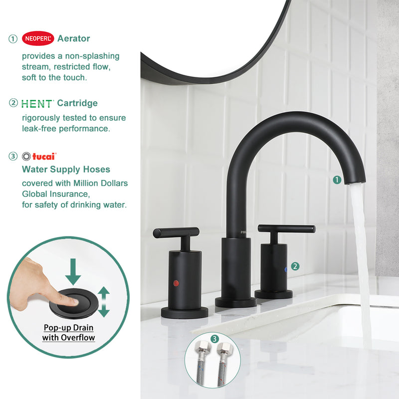 Parlos Two Handle 8 inch Widespread Three Hole Bathroom Sink Faucet Supply Hoses Basin Faucet Mixer Tap Matte Black（1433104）