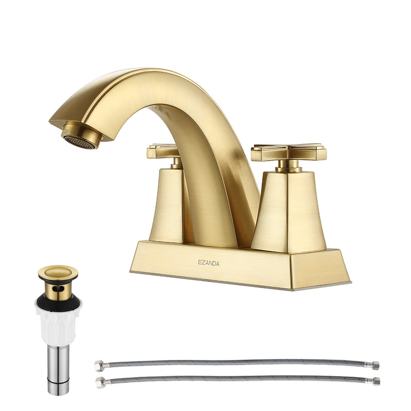 EZANDA 2-Handle Bathroom Sink Faucet Cross handle 4 Inch Centerset Metal Pop-up Sink Drain Supply Lines Brushed Gold (1433508)