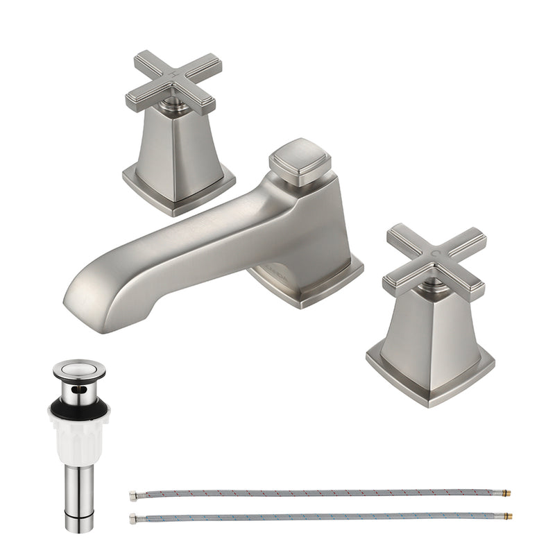 EZANDA 2-Handle Widespread Bathroom Faucet Cross handles 3 Hole Metal Pop-up Sink Drain, Brushed Nickel 1433602