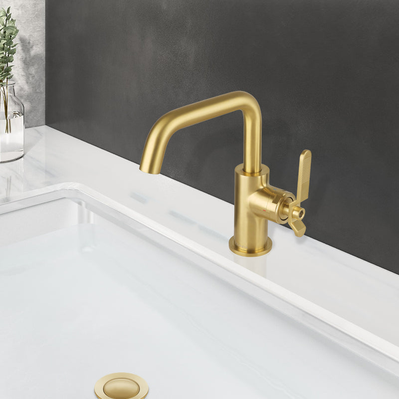EZANDA Brass Single Handle Bathroom Faucet with Pop-up Sink Drain Assembly & Faucet Supply Lines, Brushed Gold (1433908)