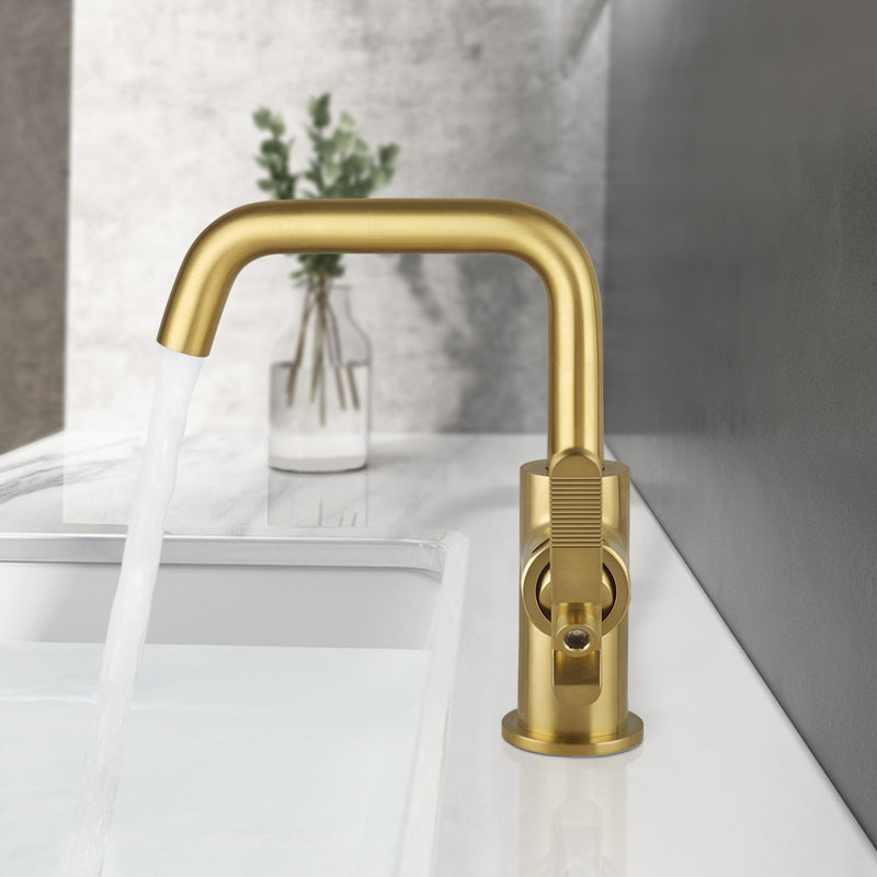 EZANDA Brass Single Handle Bathroom Faucet with Pop-up Sink Drain Assembly & Faucet Supply Lines, Brushed Gold (1433908)
