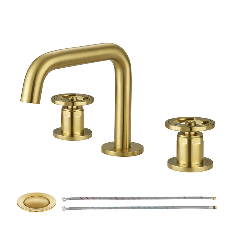 EZANDA Brass Widespread Bathroom Faucet Cross handle with Metal Pop-up Sink Drain & Supply Lines Brushed Gold (1434008)