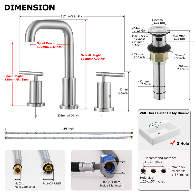 Parlos 2-Handle 8 inch Widespread Three Hole Bathroom Sink Faucet Supply Lines Basin Faucet Mixer Tap Brushed Nickel (1434102)