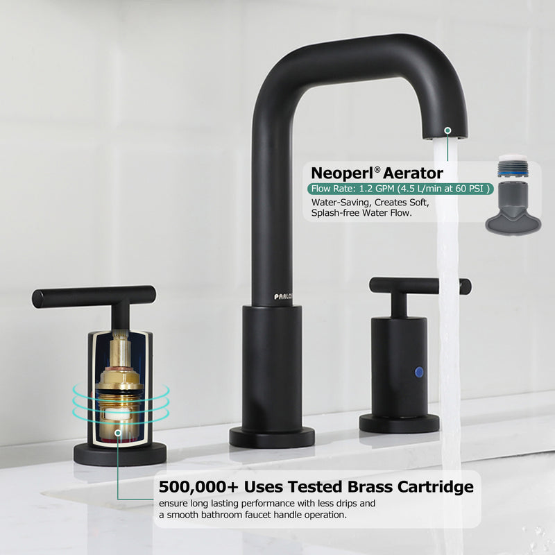 PARLOS Widespread 8 inch Bathroom Sink Faucet 3 Hole Vanity Faucet with cUPC Faucet Supply Lines, Matte Black,1434104D