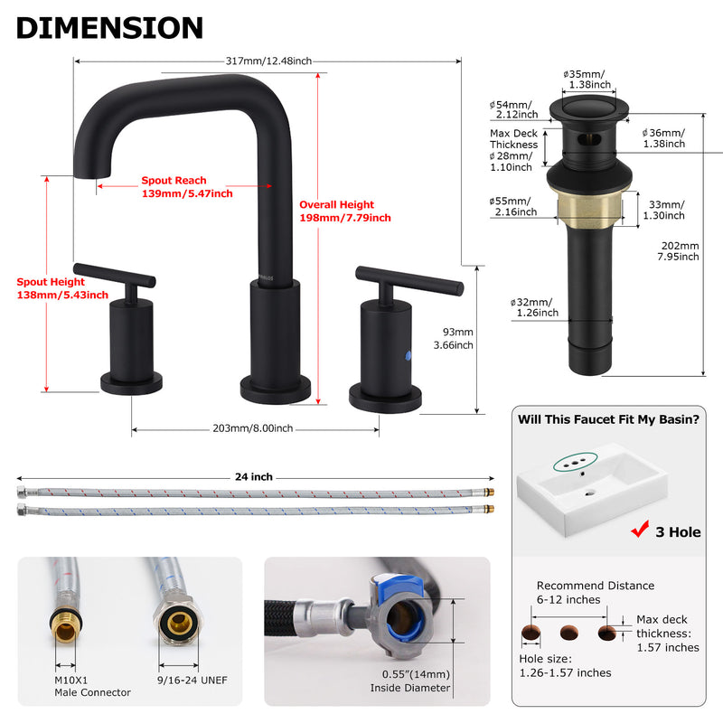 Parlos 2-Handle 8 inch Widespread Three Hole Bathroom Sink Faucet Supply Lines Basin Faucet Mixer Tap Matte Black (1434104)