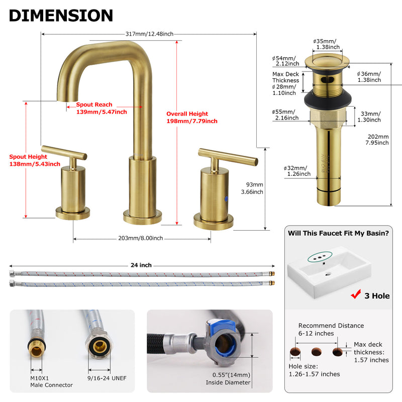 Parlos 2-Handle 8 inch Widespread Three Hole Bathroom Sink Faucet Supply Lines Basin Faucet Mixer Tap Brushed Gold (1434108)