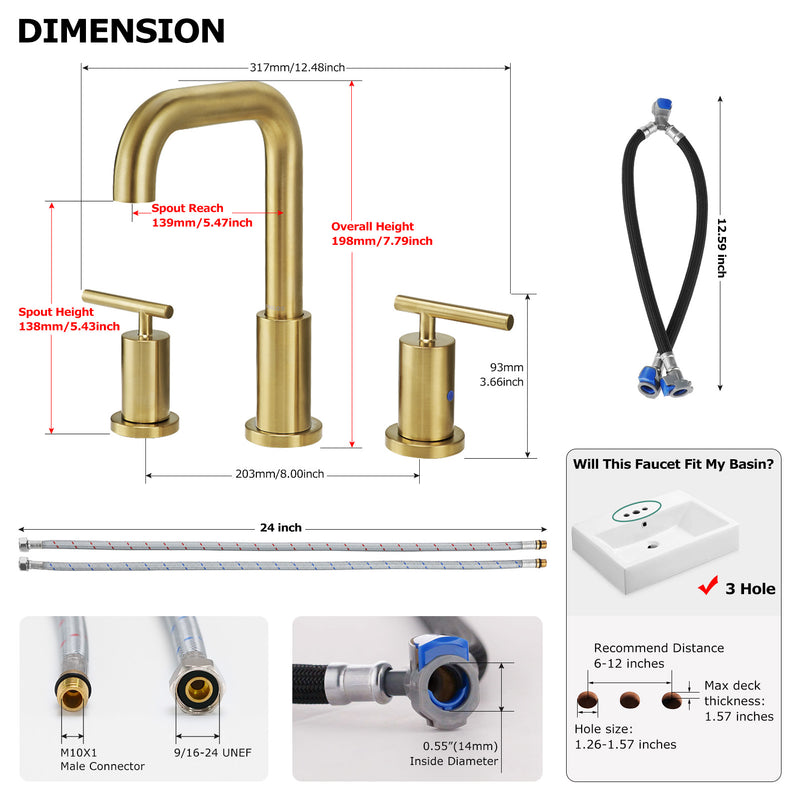 PARLOS Widespread 8 inch Bathroom Sink Faucet 3 Hole Vanity Faucet with cUPC Faucet Supply Lines, Matte Black, 1434108D