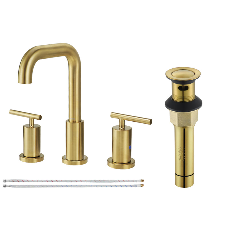 Parlos 2-Handle 8 inch Widespread Three Hole Bathroom Sink Faucet Supply Lines Basin Faucet Mixer Tap Brushed Gold (1434108)