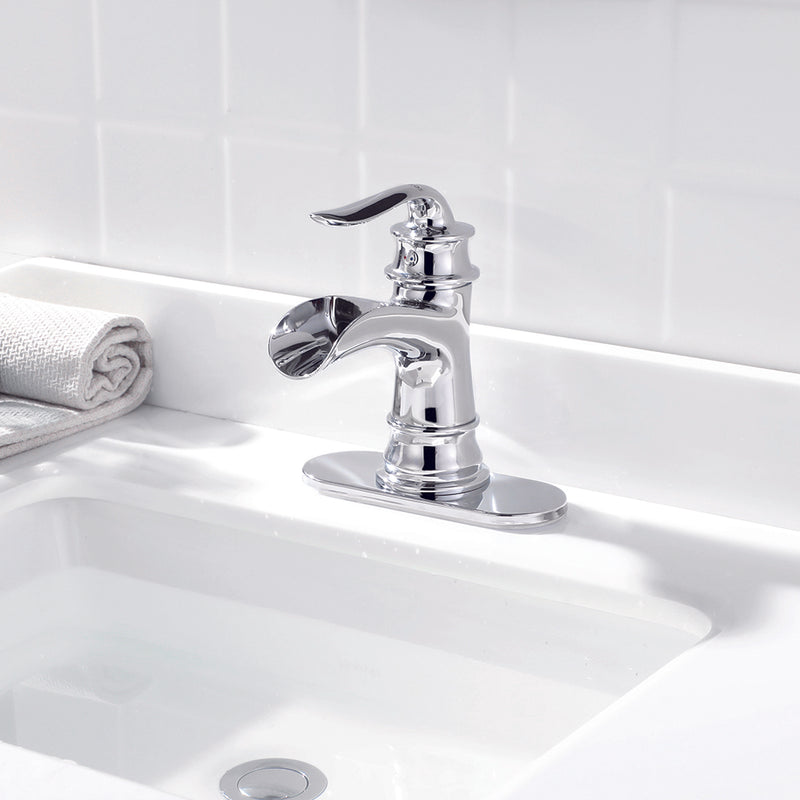 PARLOS Single Handle Bathroom Faucet, Waterfall Sink Faucet with Pop Up Drain, Escutcheon and Cupc Water Supply Lines, Chrome, 1434901
