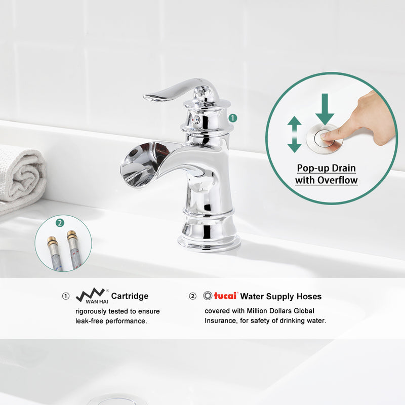 PARLOS Single Handle Bathroom Faucet, Waterfall Sink Faucet with Pop Up Drain, Escutcheon and Cupc Water Supply Lines, Chrome, 1434901