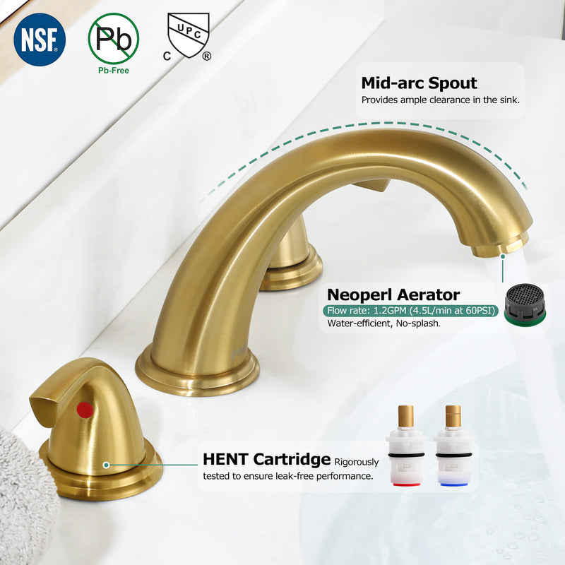 PARLOS Widespread 2 Handles Bathroom Sink Faucet 8 inch Deck Mount 3 Hole Lavatory Vanity Faucet, 1.2GPM, Brushed Gold, 1435008PD