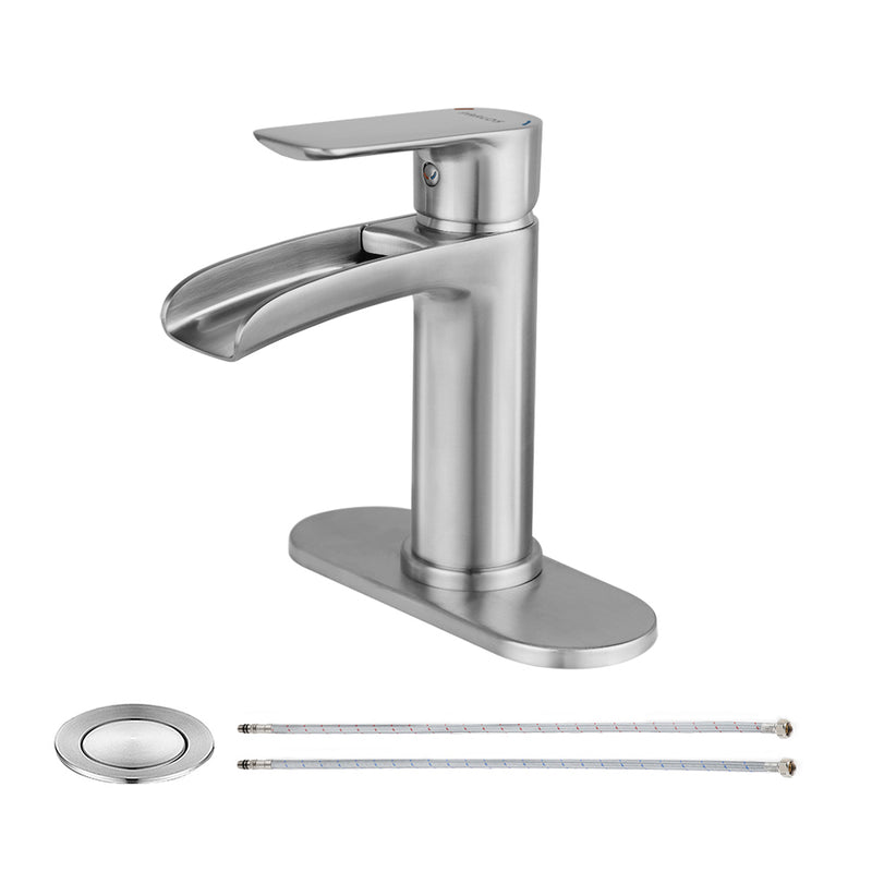 PARLOS Waterfall Spout Single Handle Bathroom Sink Faucet with Pop Up Drain Brushed Nickel, 1436102