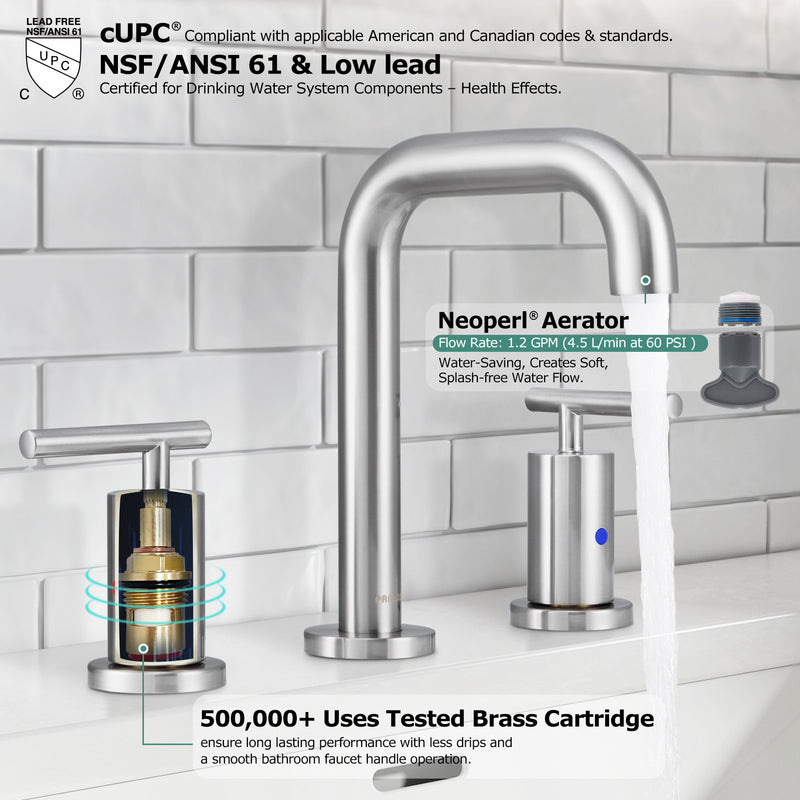PARLOS Widespread 8 inch Bathroom Sink Faucet 3 Hole Vanity Faucet with cUPC Faucet Supply Lines, Brushed Nickel, 1.2GPM, 1437502PD