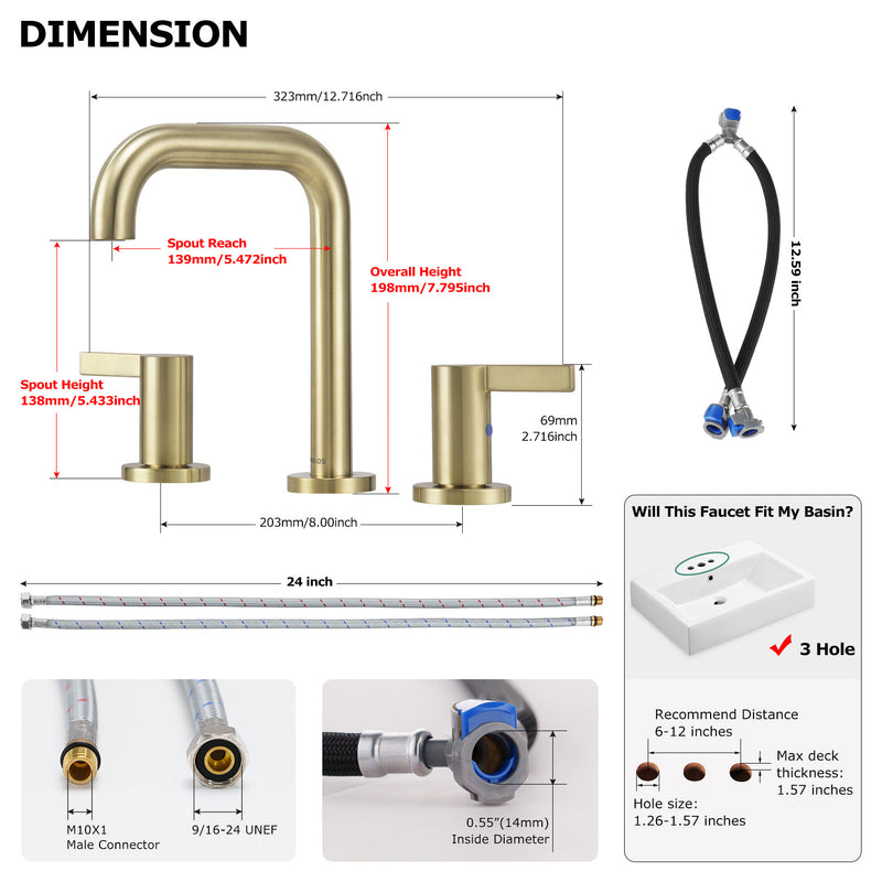 PARLOS Widespread 8 inch Bathroom Sink Faucet 3 Hole Vanity Faucet with cUPC Faucet Supply Lines, Matte Black, 1.2GPM, 1437708PD
