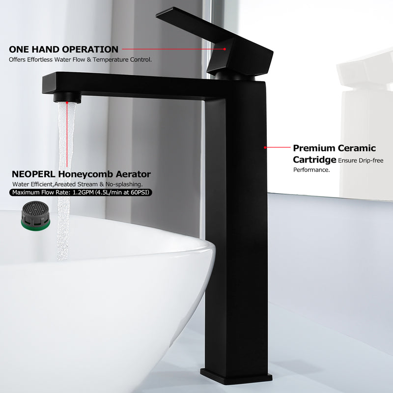 EZANDA Single Handle Vessel Sink Faucet Tall Bathroom Bowl Basin Mixer Tap One Hole With Water Supply Line, Matte Black