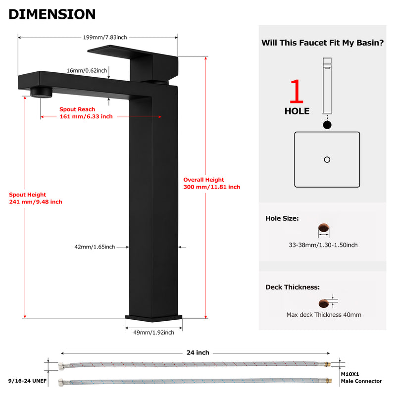 EZANDA Single Handle Vessel Sink Faucet Tall Bathroom Bowl Basin Mixer Tap One Hole With Water Supply Line, Matte Black