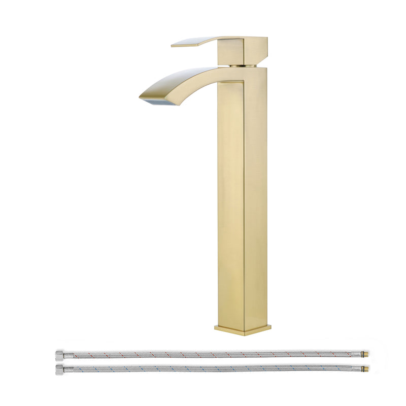 EZANDA Waterfall Vessel Sink Faucet Tall Bathroom Faucet Single Handle, Single Hole Bowl Basin Mixer Tap with Water Supply Lines, Brushed Gold, 1440708D