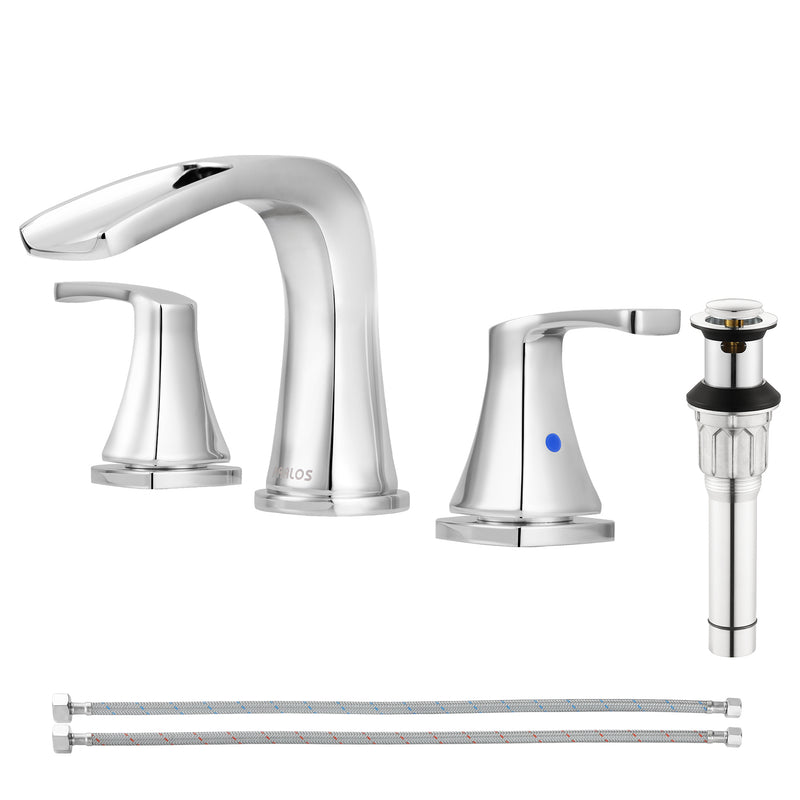 PARLOS Waterfall Widespread Bathroom Faucet Double Handles with Pop Up Drain & cUPC Faucet Supply Lines, Chrome, Doris,1.5GPM (1407001)