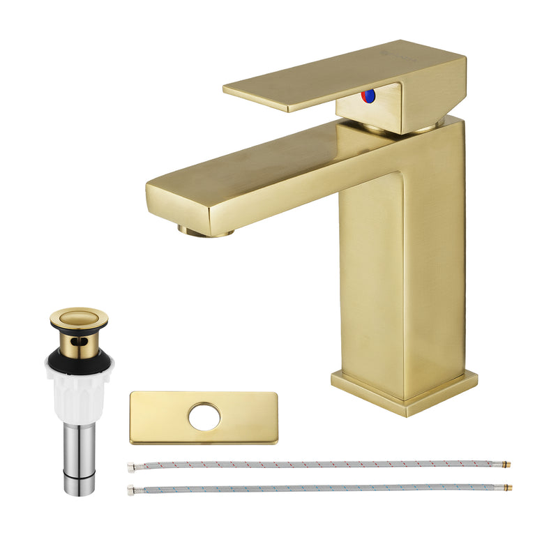 EZANDA Brass Single Handle Bathroom Sink Faucet Lavatory Vanity Pop Up Drain Stopper Water Supply Lines Brushed Gold (1416608)
