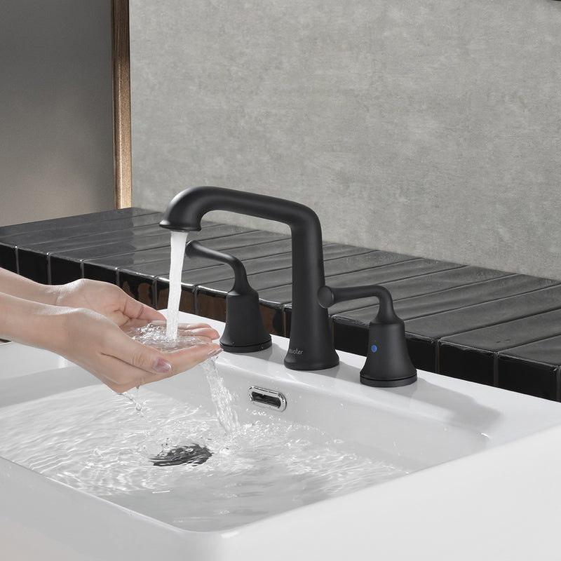 NEWATER Two Handle 8 inch Widespread Three Hole Bathroom Sink Faucet Supply Hoses Basin Faucet Mixer Tap Matte Black,2004011