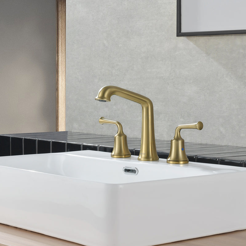 NEWATER Two Handle 8 inch Widespread Three Hole Bathroom Sink Faucet Supply Hoses Basin Faucet Mixer Tap Brushed Gold, 2004041