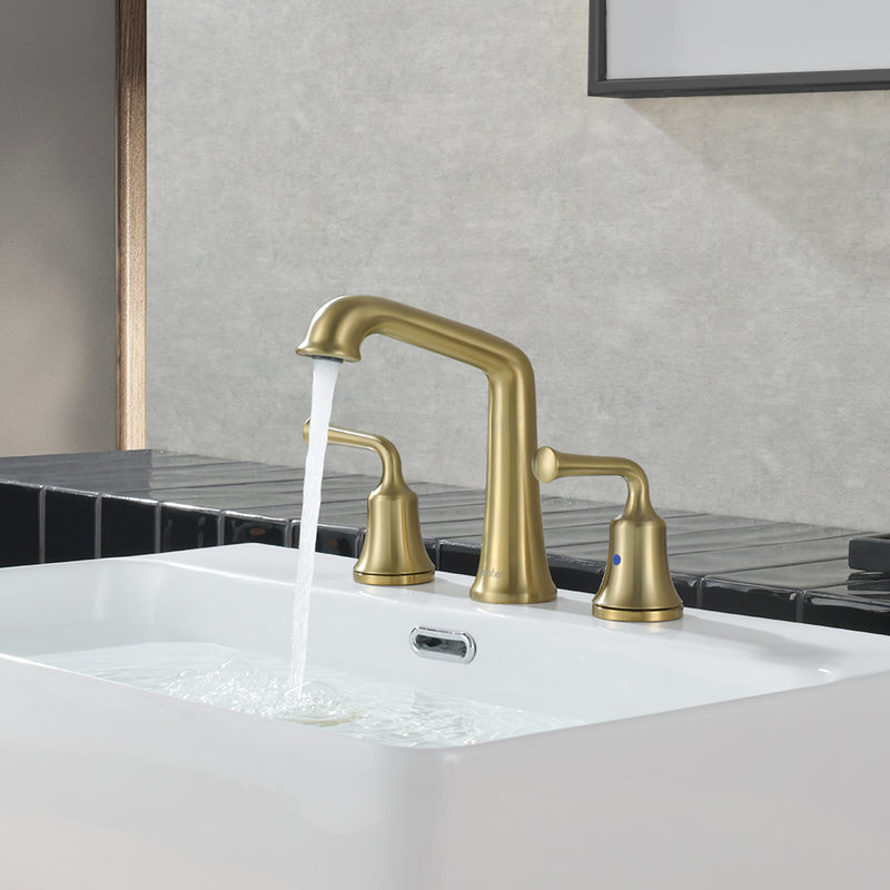 NEWATER Two Handle 8 inch Widespread Three Hole Bathroom Sink Faucet Supply Hoses Basin Faucet Mixer Tap Brushed Gold, 2004041