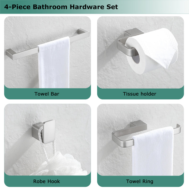 PARLOS Brass Bathroom Accessory Hareware Set 4 Pack Included Towel Bar, Hand Towel Holder, Toilet Paper Holder, Robe Hook , Brushed Nickel, Doris (2102502)