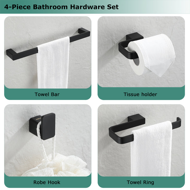 PARLOS Brass Bathroom Accessory Hareware Set 4 Pack Included Towel Bar, Hand Towel Holder, Toilet Paper Holder, Robe Hook , Matte Black, Doris (2102504)