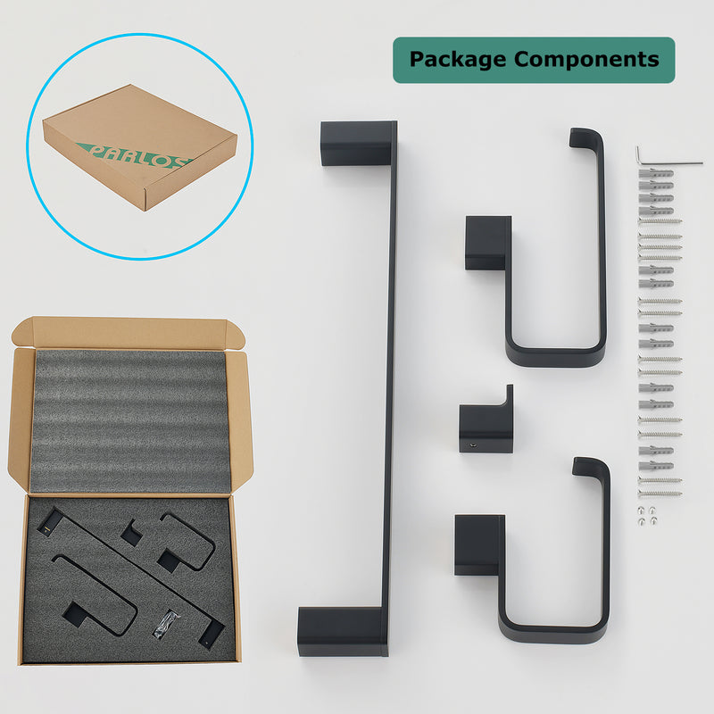 PARLOS Brass Bathroom Accessory Hareware Set 4 Pack Included Towel Bar, Hand Towel Holder, Toilet Paper Holder, Robe Hook , Matte Black, Doris (2102504)
