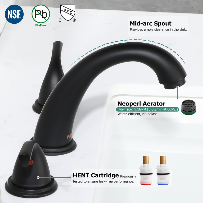 PARLOS Widespread Two Handles Bathroom Faucet Matte Black, Pop-up Drain & Supply Lines not Included (1435004D)