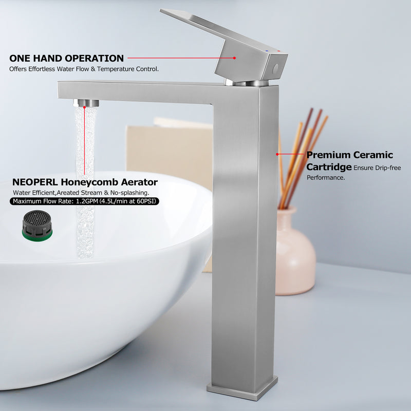 EZANDA Single Handle Vessel Sink Faucet Tall Bathroom Bowl Basin Mixer Tap One Hole With Water Supply Line, Brushed Nickel