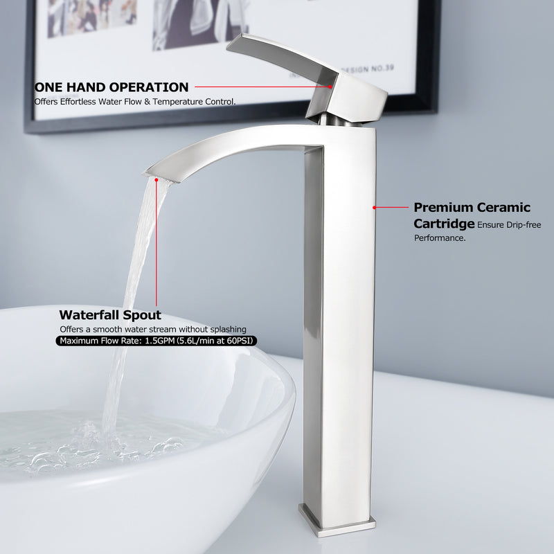 EZANDA Waterfall Vessel Sink Faucet Tall Bathroom Faucet Single Handle, Single Hole Bowl Basin Mixer Tap with Water Supply Lines, Brushed Nickel, 1440702D