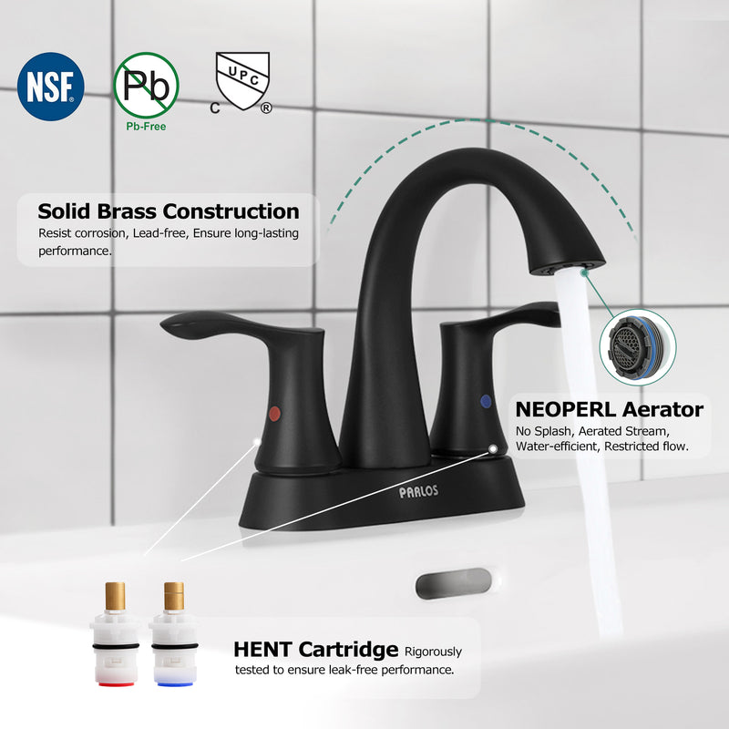 PARLOS Matte Black 2-Handle Bathroom Sink Faucet with Metal Drain Assembly and and Faucet Supply Lines (1.2GPM), 1362504P