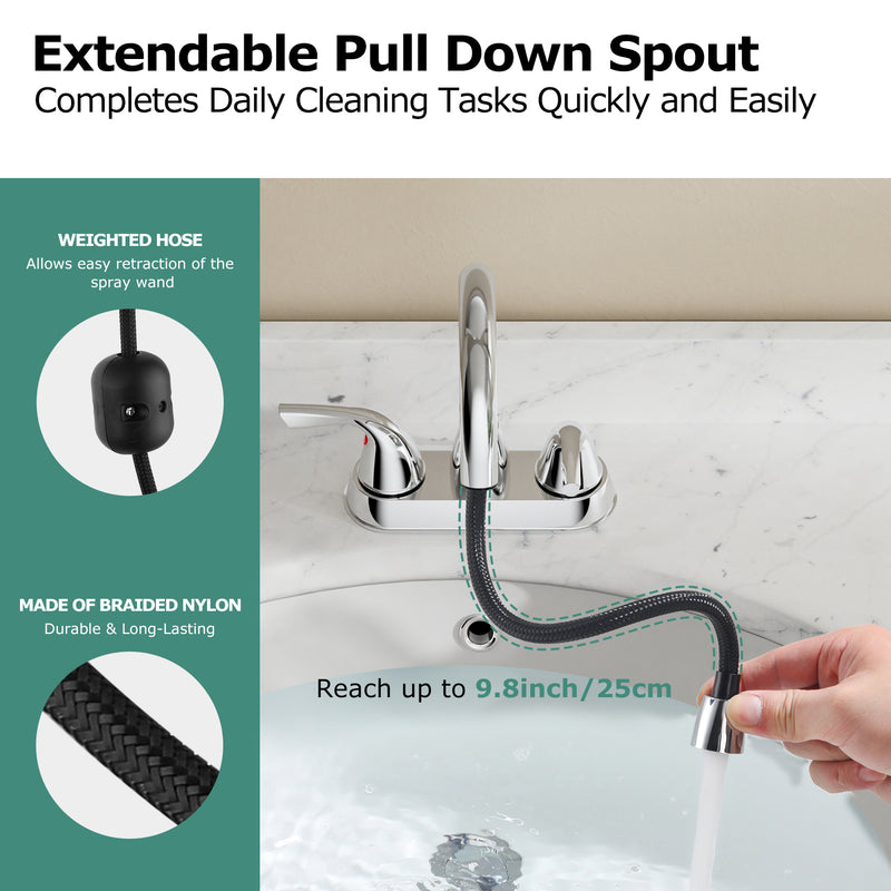 PARLOS Bathroom Sink Faucet with Pull Out Sprayer, 2 Handle Bathroom Pull Down Faucet with 360 Swivel Spout, Centerset 4 Inch Vanity Sink Faucet, Chrome, 1.2 GPM, 1438901P