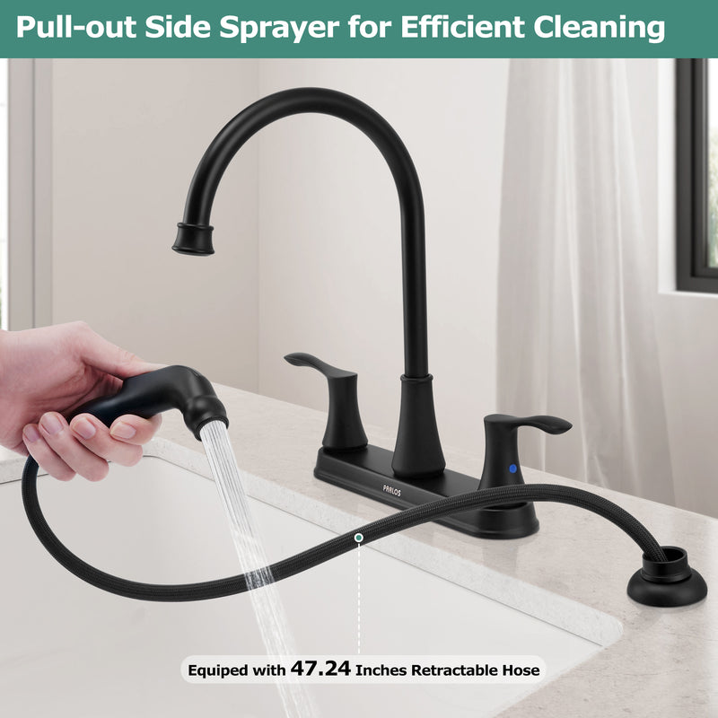 PARLOS 8 Inch Two Handles High Arch Kitchen Sink Faucet with Side Sprayer & Supply Lines, Matte Black, Demeter 1413804