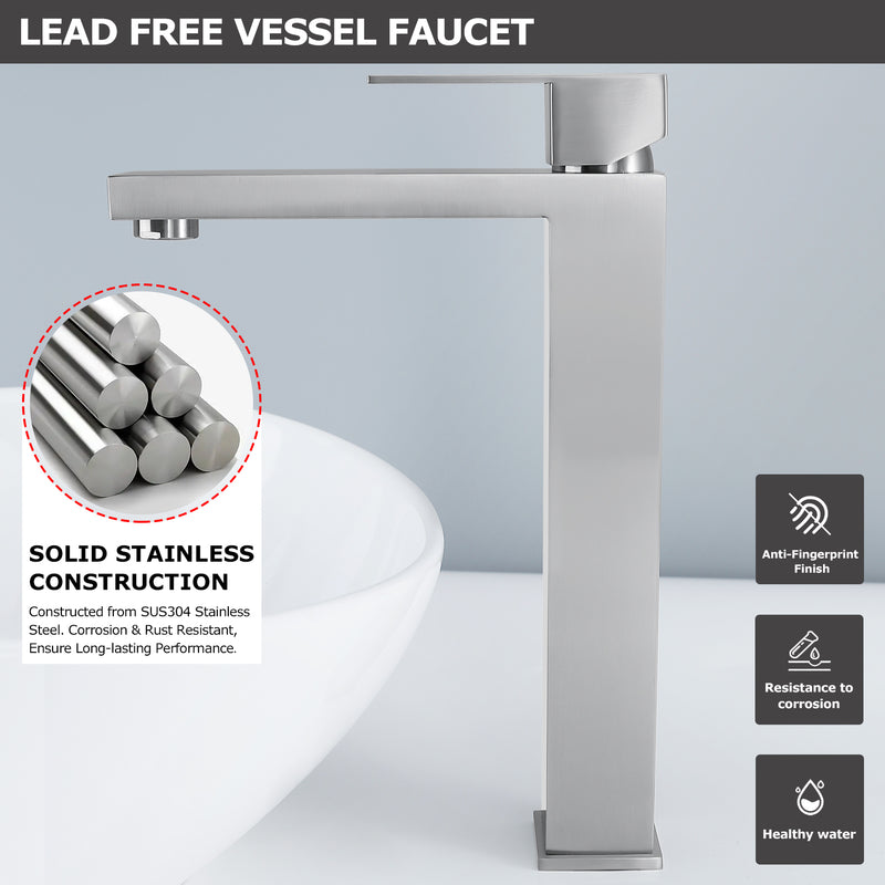 EZANDA Single Handle Vessel Sink Faucet Tall Bathroom Bowl Basin Mixer Tap One Hole With Water Supply Line, Brushed Nickel