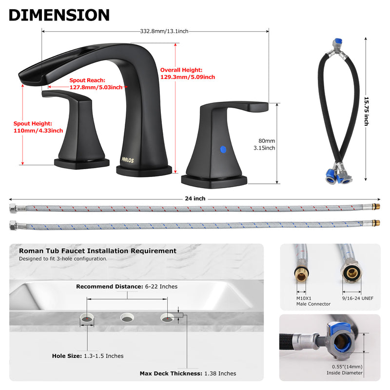 PARLOS 2-Handle Widespread Waterfall Roman Bathtub Faucet Tub Filler, Matte Black (1434204)